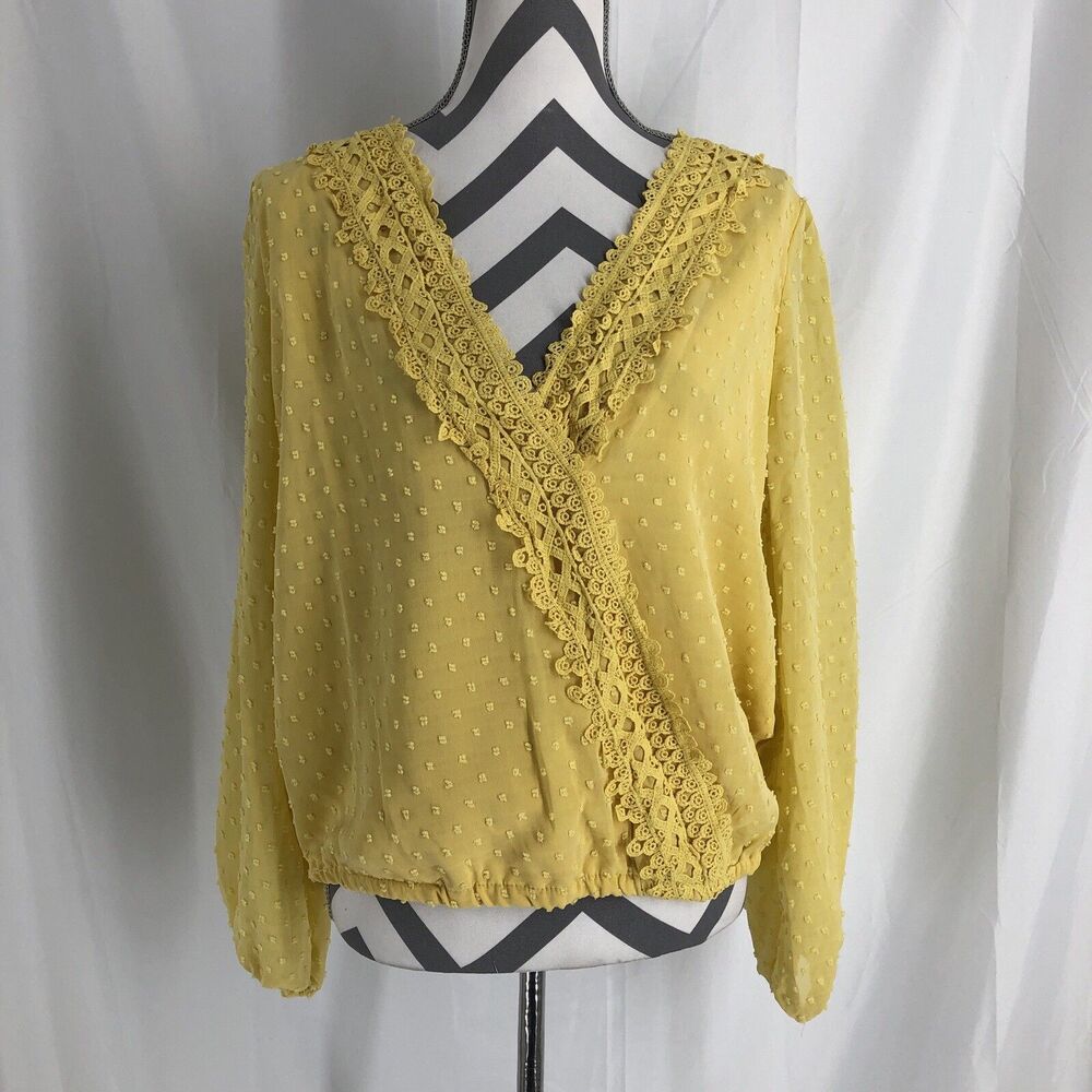 Miss Sparkling V-Neck Blouse Dot Fabric Wrap Blouse Womens Yellow XL